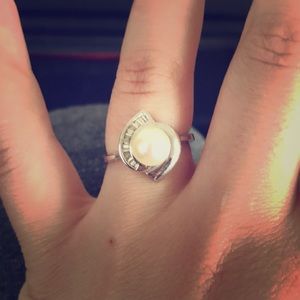 Size 7.5 white gold, diamond, and pearl ring